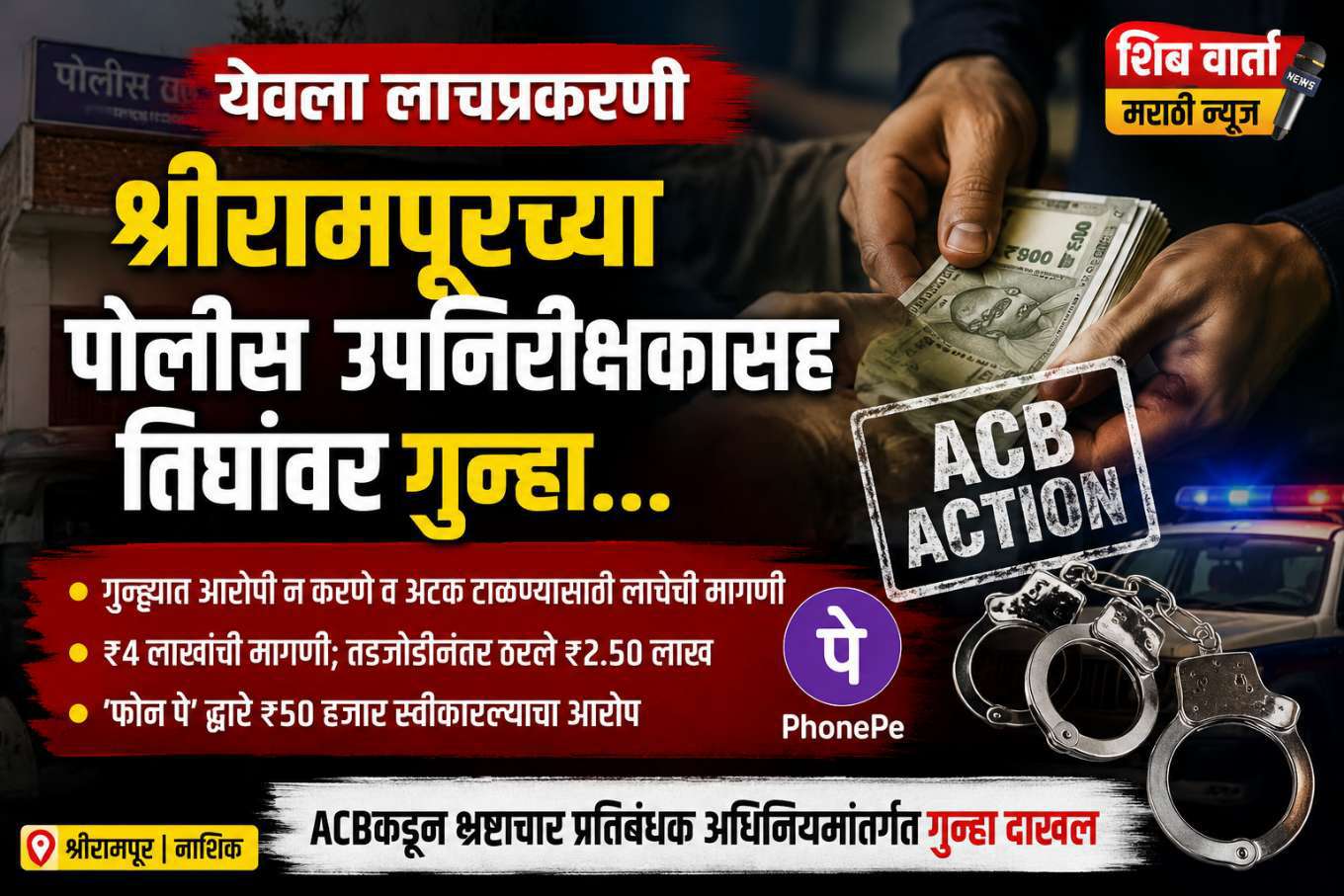 येवला लाचप्रकरणात श्रीरामपूर शहर पोलीस ठाण्यातील पोलीस उपनिरीक्षकासह तिघांवर ACBने गुन्हा दाखल
