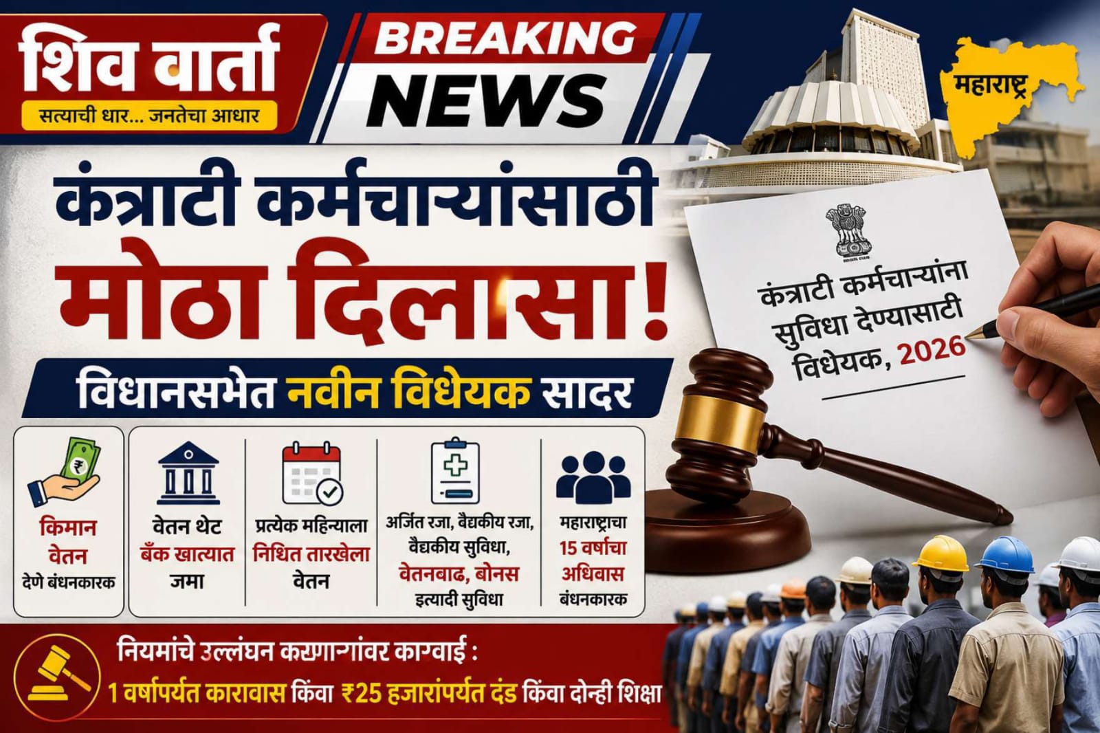 "महाराष्ट्रातील कंत्राटी कर्मचाऱ्यांसाठी नवीन विधेयक 2026 – किमान वेतन, थेट बँक खात्यात पगार, अर्जित रजा, वैद्यकीय सुविधा, बोनस आणि वेतनवाढीची तरतूद दर्शविणारा शिव वार्ता न्यूज बॅनर.