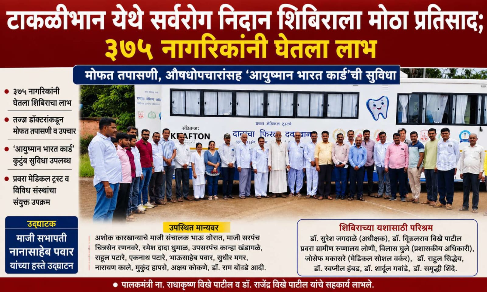 टाकळीभान येथील जिल्हा परिषद प्राथमिक शाळेत आयोजित मोफत सर्वरोग निदान व उपचार शिबिरात नागरिकांची आरोग्य तपासणी सुरू